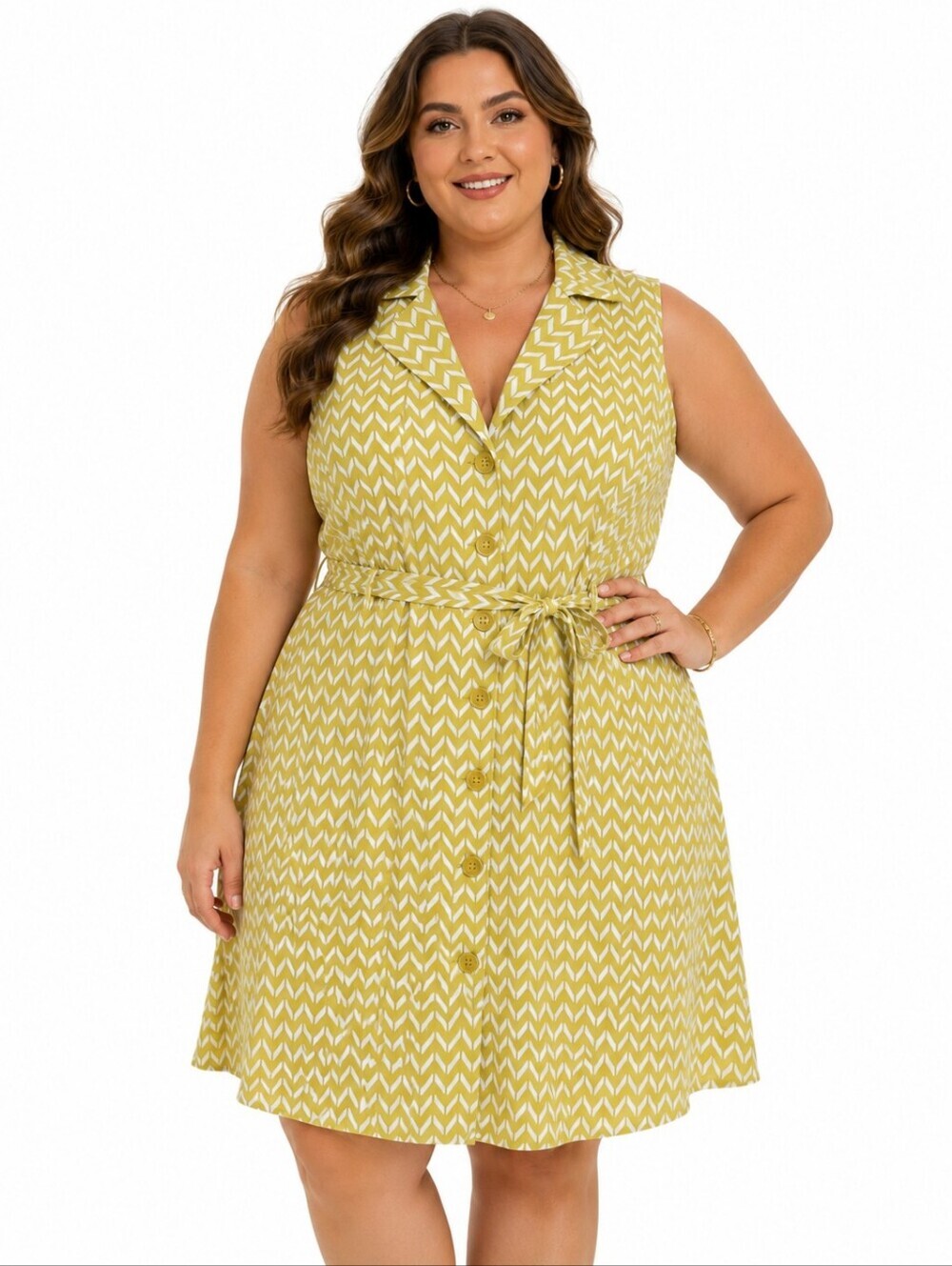 Mlle Gabrielle 3X Cotton Chevron Belted Button Front Midi Shirt Dress Yellow